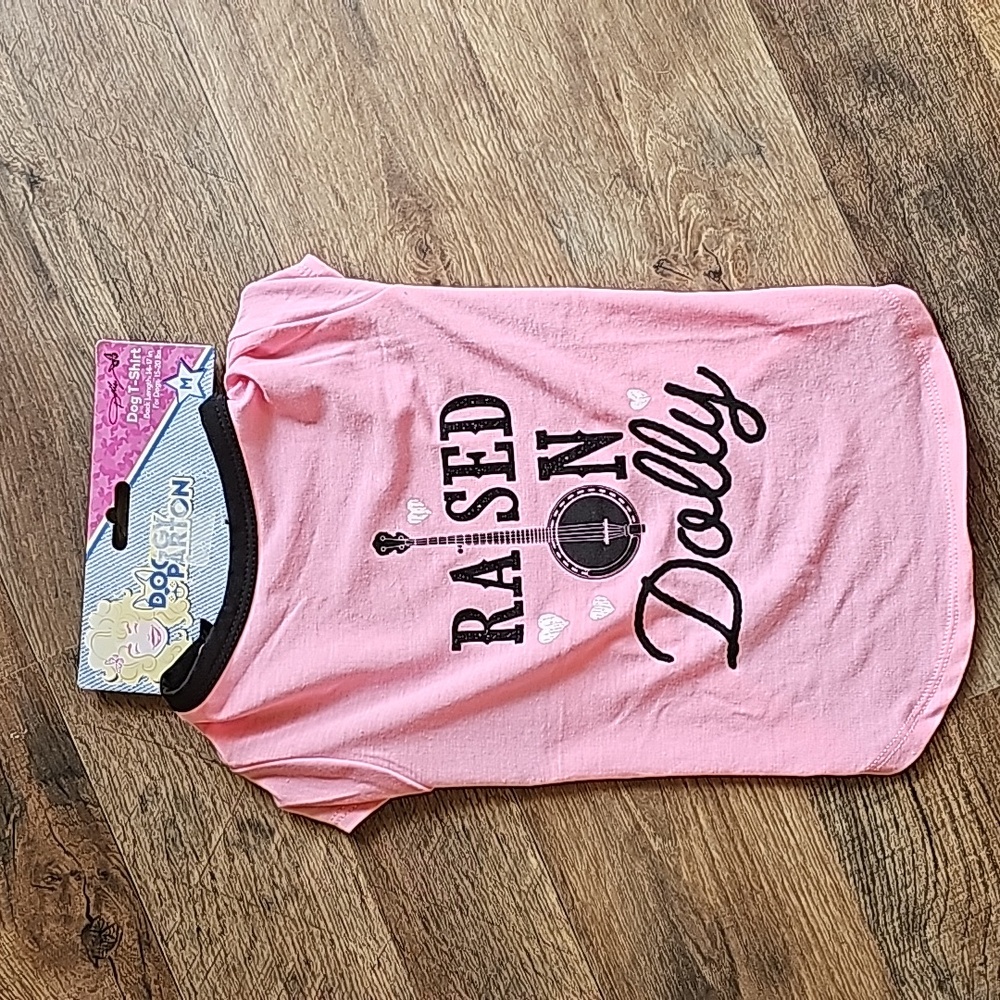 Raised on Dolly pink and black Doggy Parton dog Tee sz Medium BNWT country pet